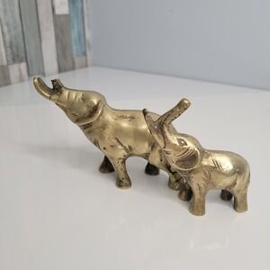 Vintage Brass Elephant‎ Figurines Set of 2 Home Decor Trunk Up Good Luck Charm